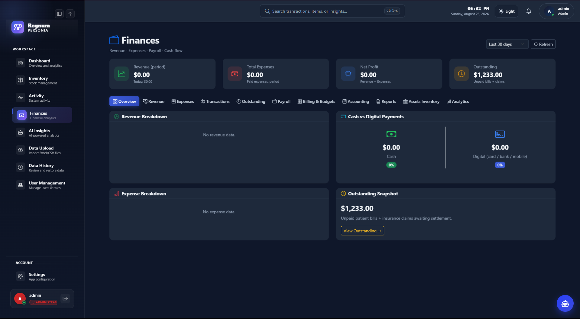 The finances screen in Regnum Personia