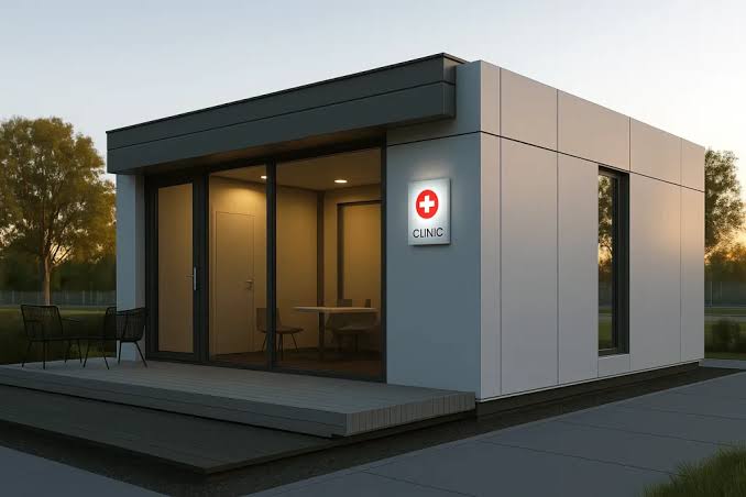 A rural health facility exterior at dawn